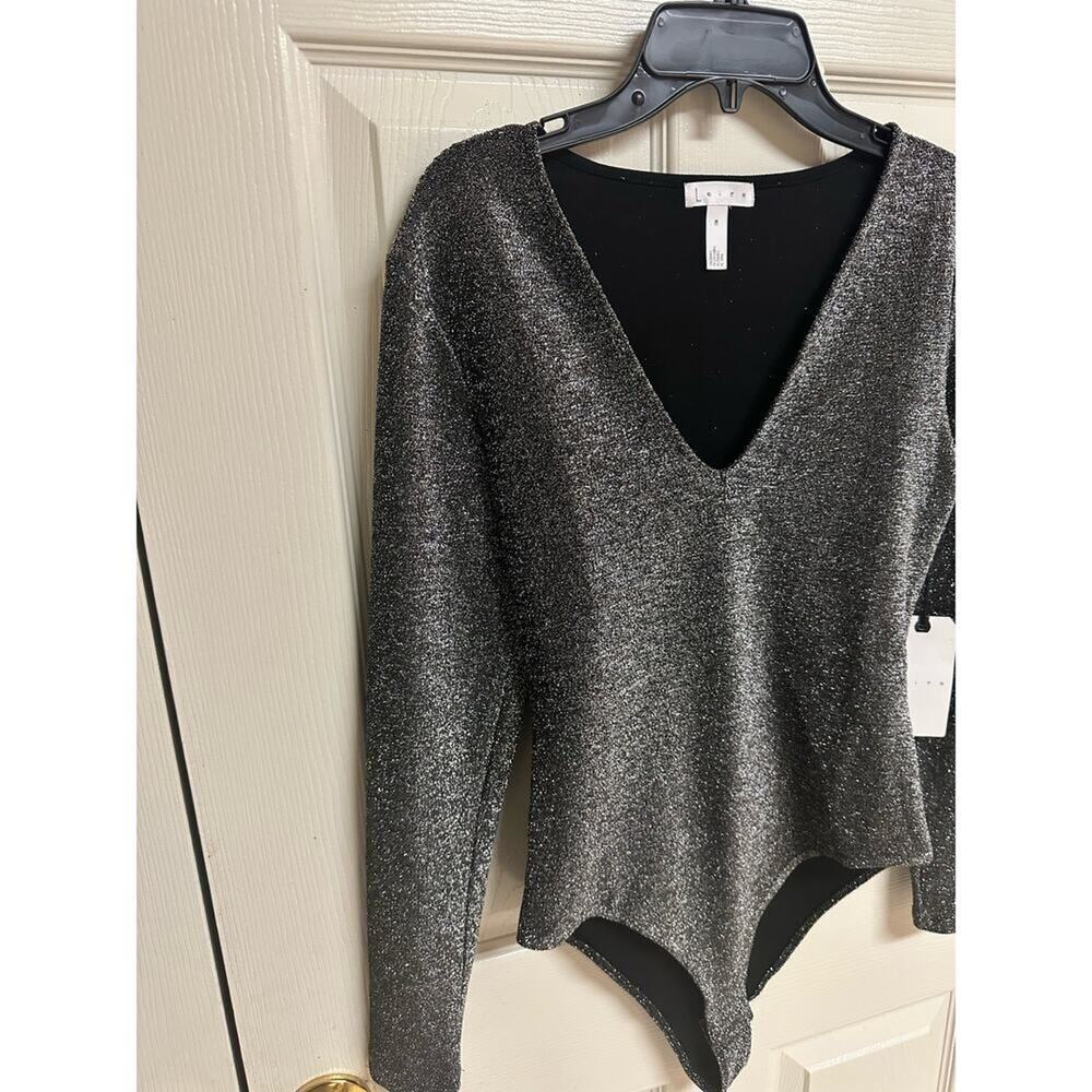 Leith Silver Metallic V-Neck Long Sleeve Bodysuit Size M Sparkle Party Top - Picture 5 of 7